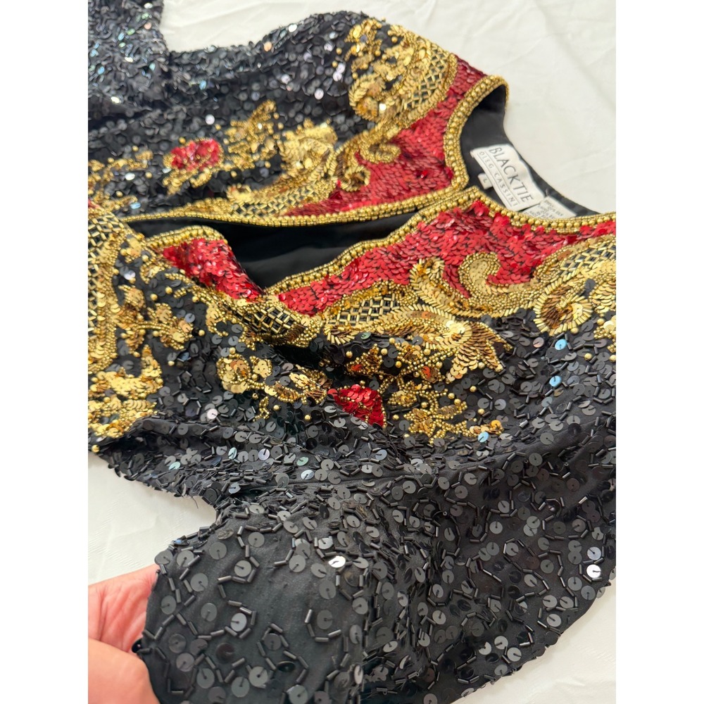 Vintage Oleg Cassini Black Tie Sequin Beaded Silk Blazer Jacket Black Gold Red - Picture 11 of 11